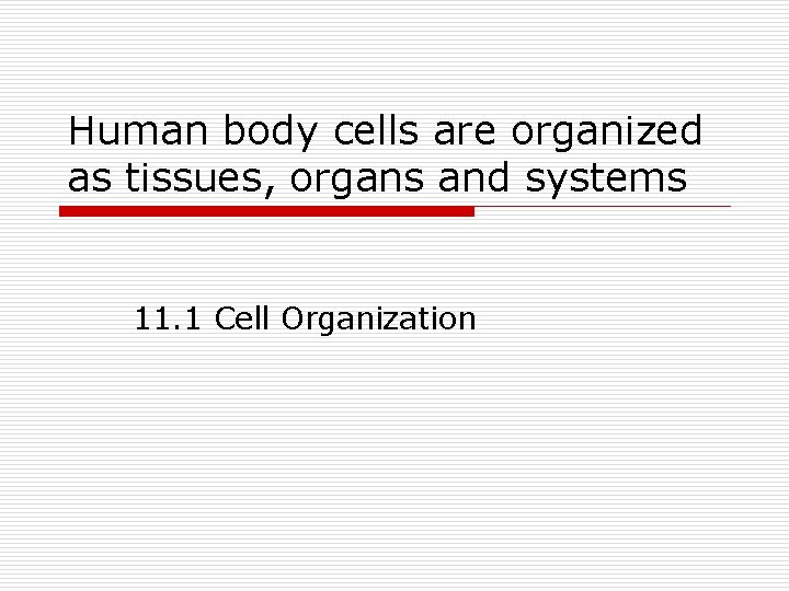 Human body cells are organized as tissues, organs and systems 11. 1 Cell Organization