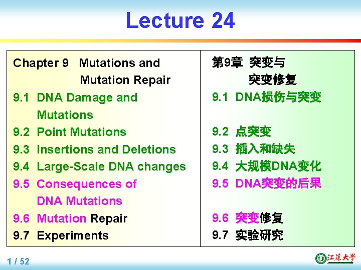 Lecture 24 Chapter 9 Mutations and Mutation Repair 9. 1 DNA Damage and Mutations