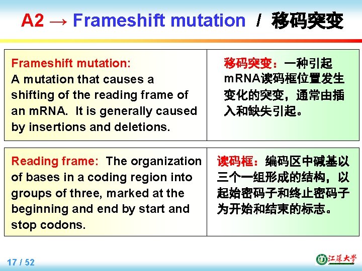 A 2 → Frameshift mutation / 移码突变 Frameshift mutation: A mutation that causes a