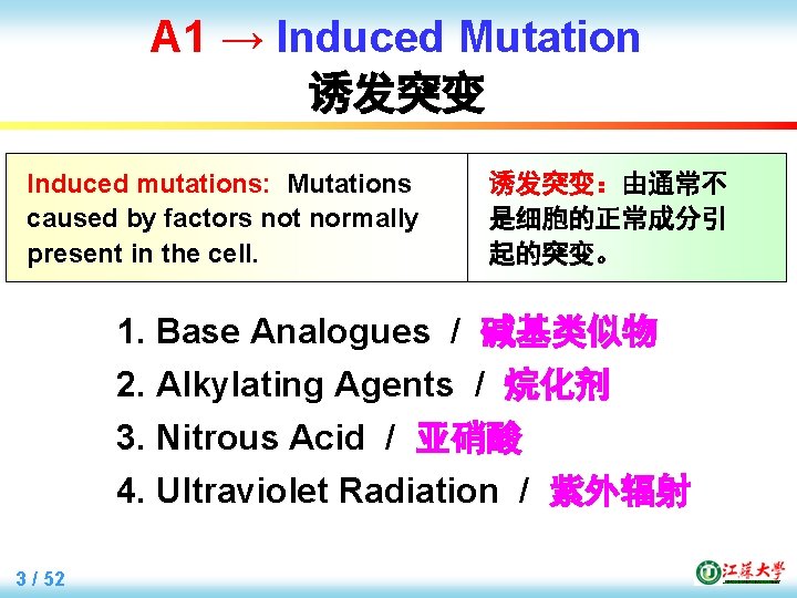 A 1 → Induced Mutation 诱发突变 Induced mutations: Mutations caused by factors not normally