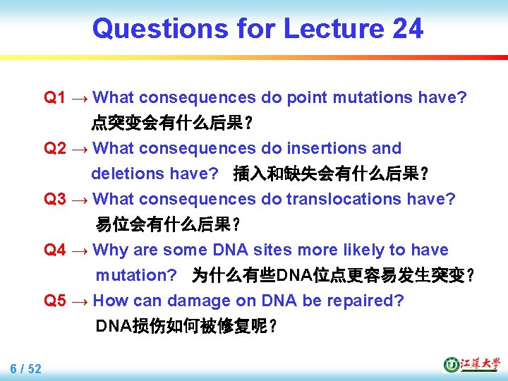 Questions for Lecture 24 Q 1 → What consequences do point mutations have? 点突变会有什么后果？