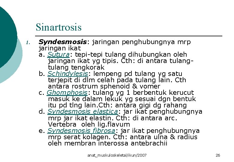 Sinartrosis 1. Syndesmosis: jaringan penghubungnya mrp jaringan ikat a. Sutura: tepi-tepi tulang dihubungkan oleh