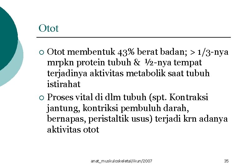 Otot membentuk 43% berat badan; > 1/3 -nya mrpkn protein tubuh & ½-nya tempat