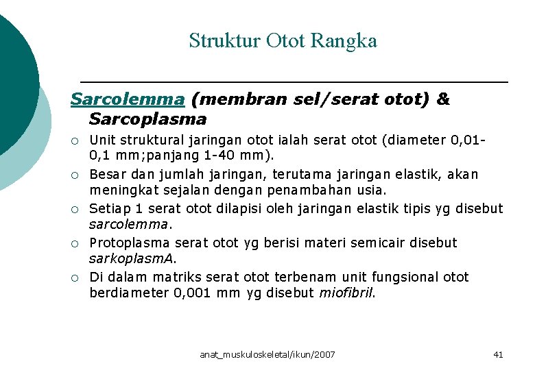 Struktur Otot Rangka Sarcolemma (membran sel/serat otot) & Sarcoplasma ¡ ¡ ¡ Unit struktural