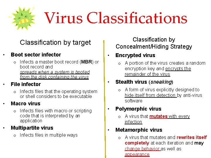 Virus Classification by Concealment/Hiding Strategy Classification by target • Boot sector infector o Infects