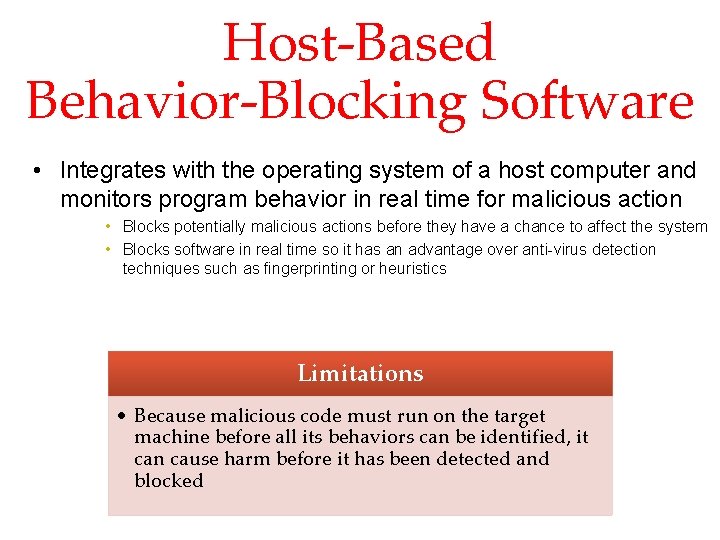 Host-Based Behavior-Blocking Software • Integrates with the operating system of a host computer and
