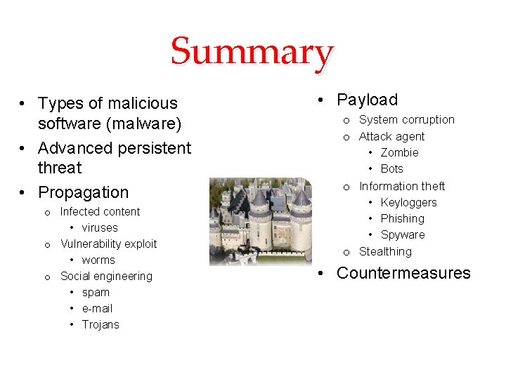 Summary • Types of malicious software (malware) • Advanced persistent threat • Propagation o