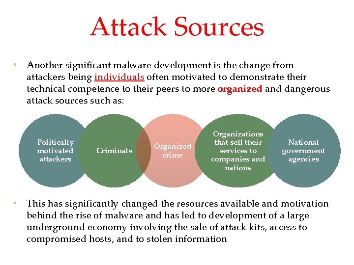 Attack Sources • Another significant malware development is the change from attackers being individuals