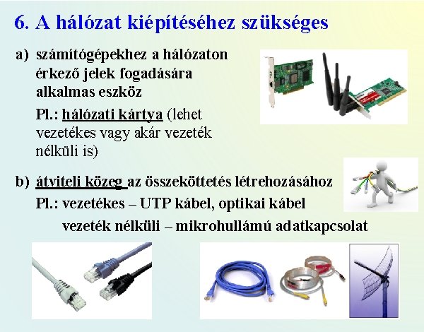 6. A hálózat kiépítéséhez szükséges a) számítógépekhez a hálózaton érkező jelek fogadására alkalmas eszköz