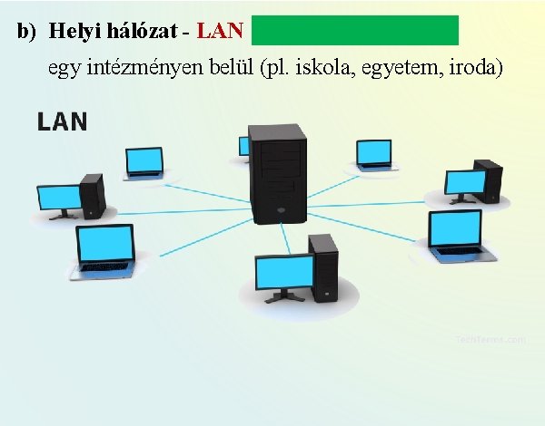 b) Helyi hálózat - LAN (Local Area Network) egy intézményen belül (pl. iskola, egyetem,