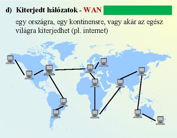 d) Kiterjedt hálózatok - WAN (Wide Area Network) egy országra, egy kontinensre, vagy akár