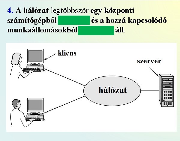 4. A hálózat legtöbbször egy központi számítógépből (szerver) és a hozzá kapcsolódó munkaállomásokból (kliensek)