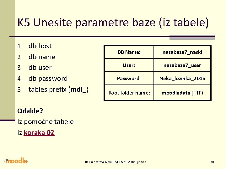 K 5 Unesite parametre baze (iz tabele) 1. db host 2. db name 3.