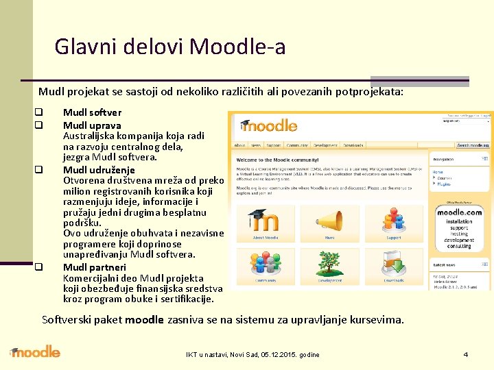 Glavni delovi Moodle-a Mudl projekat se sastoji od nekoliko različitih ali povezanih potprojekata: q