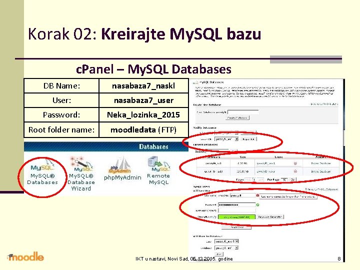 Korak 02: Kreirajte My. SQL bazu c. Panel – My. SQL Databases DB Name:
