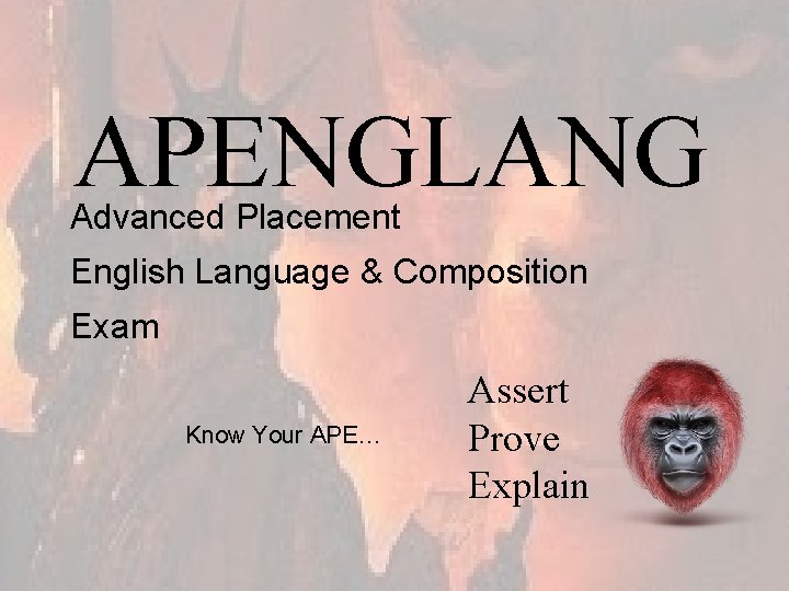 APENGLANG Advanced Placement English Language & Composition Exam Know Your APE… Assert Prove Explain