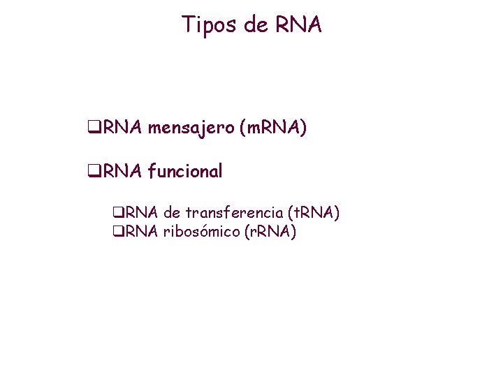 Tipos de RNA q. RNA mensajero (m. RNA) q. RNA funcional q. RNA de
