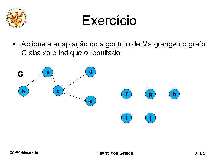 Exercício • Aplique a adaptação do algoritmo de Malgrange no grafo G abaixo e