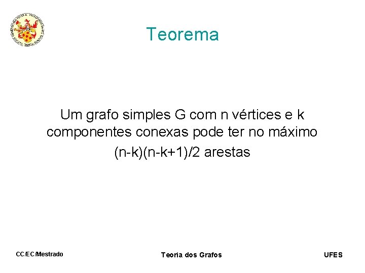 Teorema Um grafo simples G com n vértices e k componentes conexas pode ter