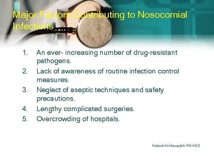 Major Factors Contributing to Nosocomial Infections 1. 2. 3. 4. 5. An ever- increasing