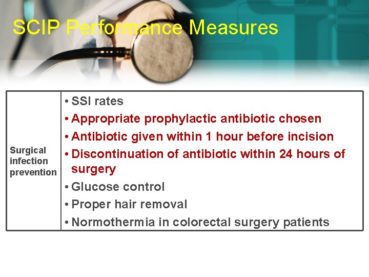 SCIP Performance Measures Surgical infection prevention • SSI rates • Appropriate prophylactic antibiotic chosen