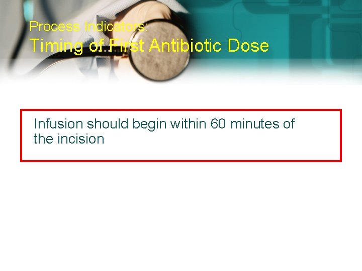 Process Indicators: Timing of First Antibiotic Dose Infusion should begin within 60 minutes of