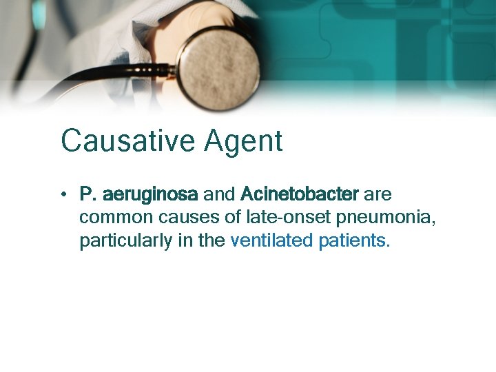 Causative Agent • P. aeruginosa and Acinetobacter are common causes of late-onset pneumonia, particularly