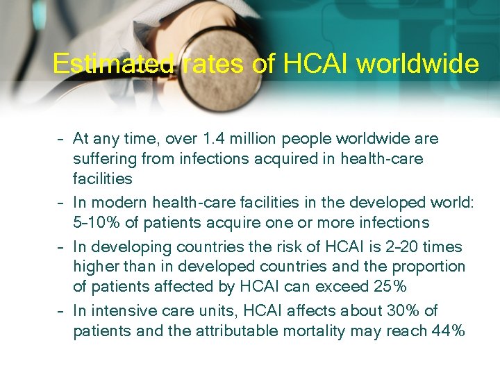 Estimated rates of HCAI worldwide – At any time, over 1. 4 million people