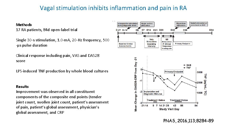Vagal stimulation inhibits inflammation and pain in RA Methods 17 RA patients, 84 d