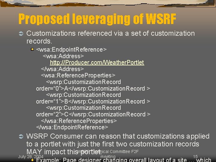 Proposed leveraging of WSRF Ü Customizations referenced via a set of customization records. <wsa: