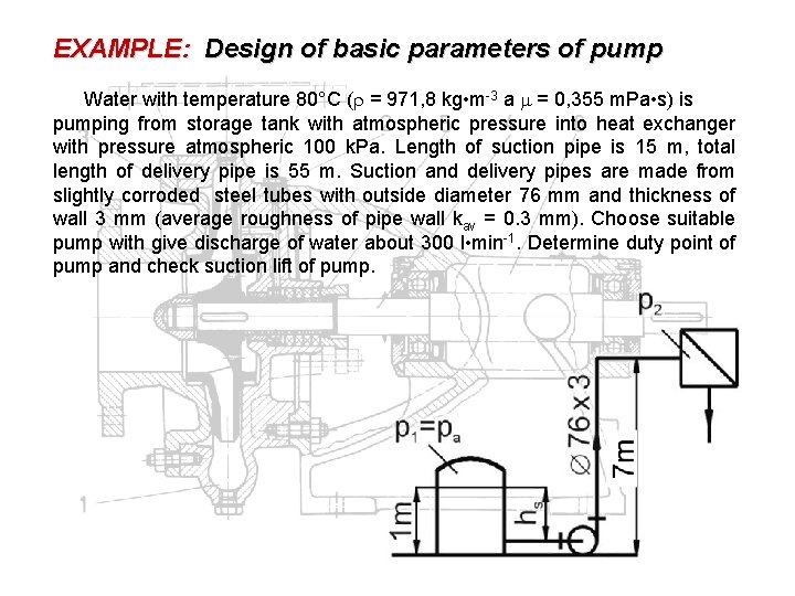 EXAMPLE: Design of basic parameters of pump Water with temperature 80°C ( = 971,