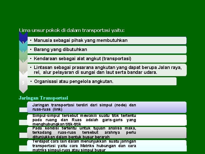 Lima unsur pokok di dalam transportasi yaitu: 1 • Manusia sebagai pihak yang membutuhkan