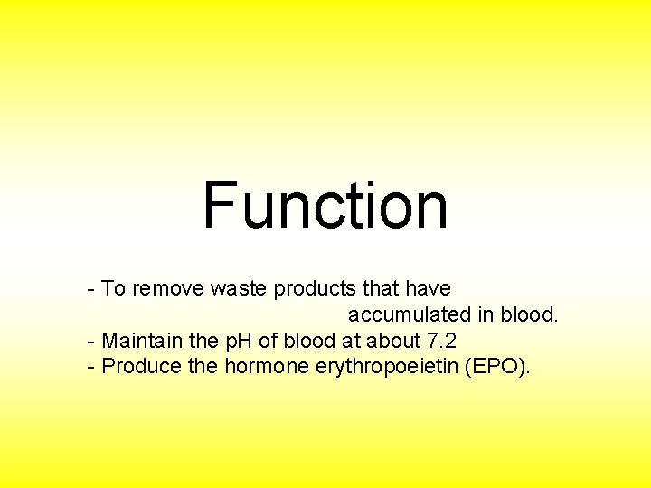 Function - To remove waste products that have accumulated in blood. - Maintain the