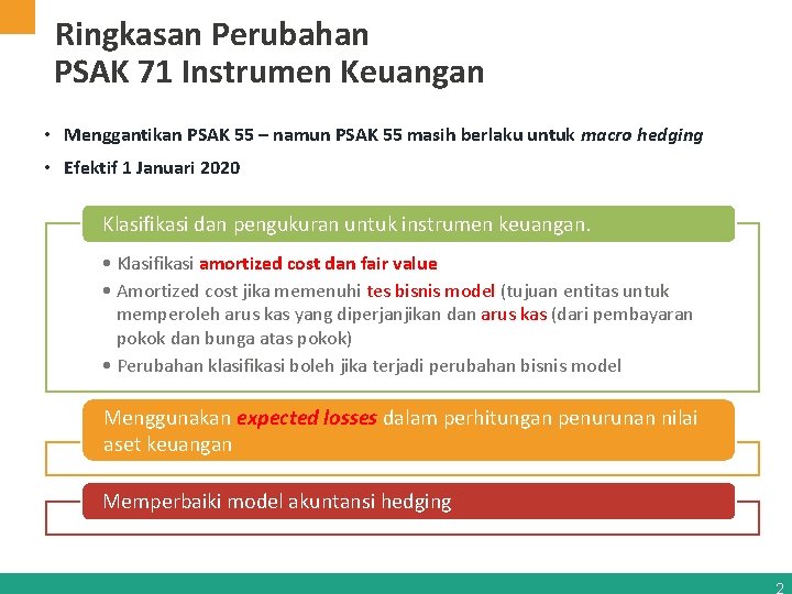 Ringkasan Perubahan PSAK 71 Instrumen Keuangan • Menggantikan PSAK 55 – namun PSAK 55