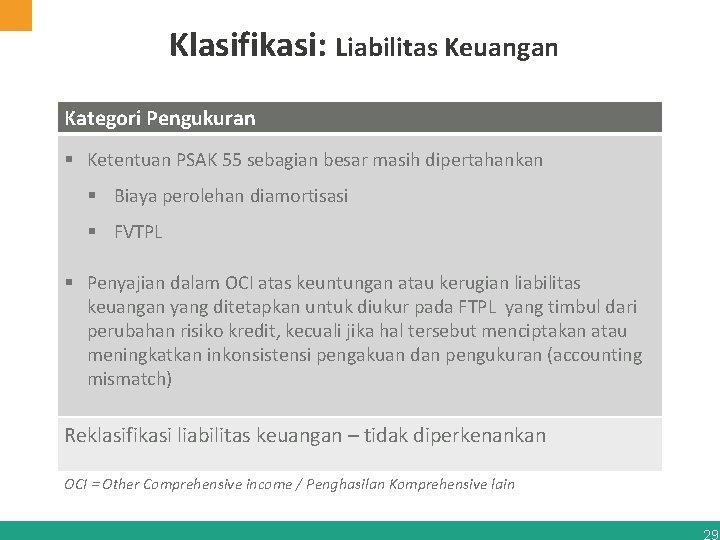 Klasifikasi: Liabilitas Keuangan Kategori Pengukuran Ketentuan PSAK 55 sebagian besar masih dipertahankan Biaya perolehan