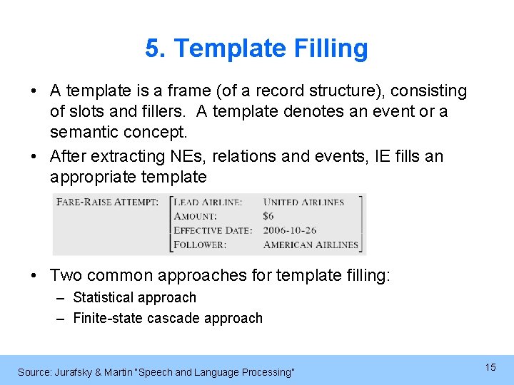 5. Template Filling • A template is a frame (of a record structure), consisting