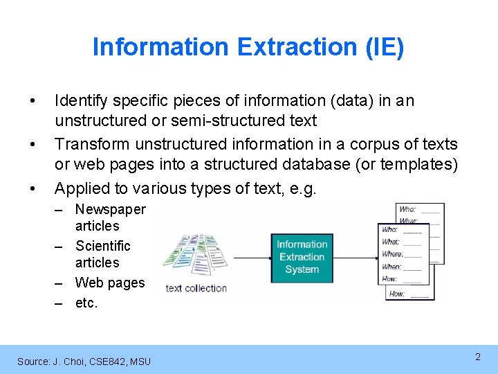 Information Extraction (IE) • • • Identify specific pieces of information (data) in an