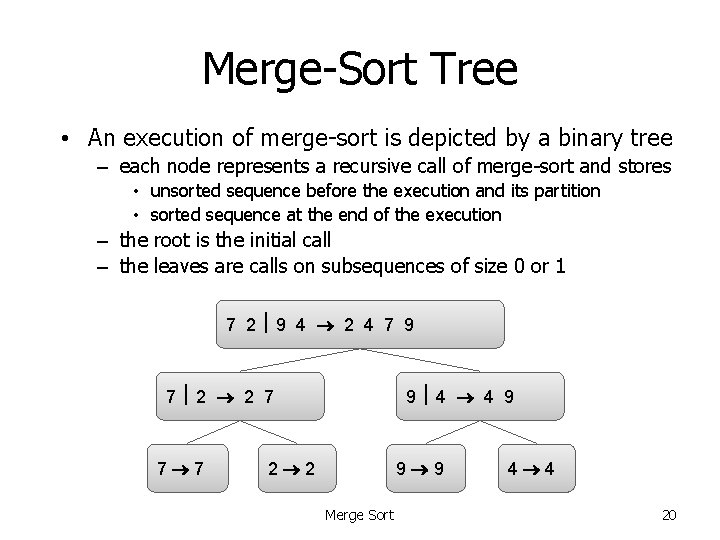 Merge-Sort Tree • An execution of merge-sort is depicted by a binary tree –