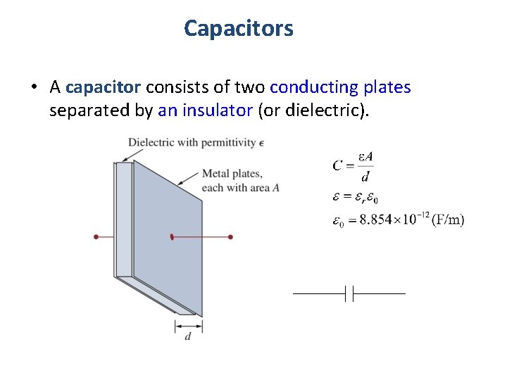 Capacitors • A capacitor consists of two conducting plates separated by an insulator (or
