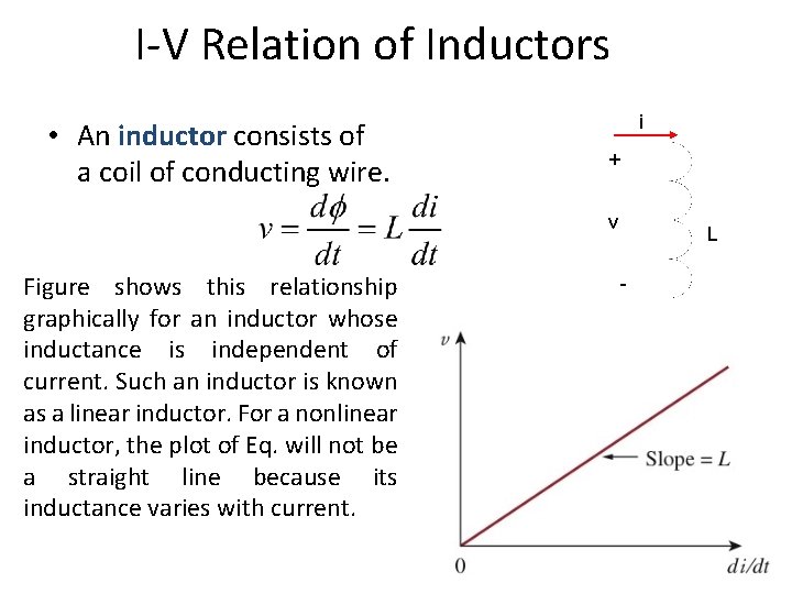 I-V Relation of Inductors • An inductor consists of a coil of conducting wire.