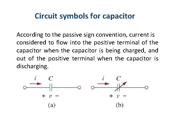 Circuit symbols for capacitor According to the passive sign convention, current is considered to