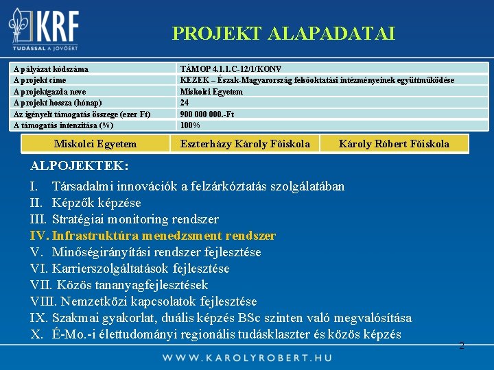 PROJEKT ALAPADATAI A pályázat kódszáma A projekt címe A projektgazda neve A projekt hossza