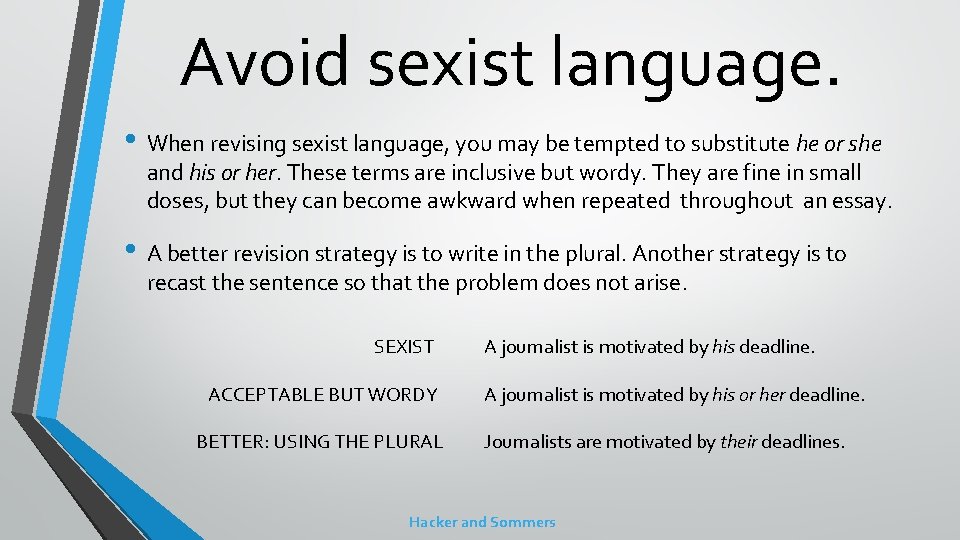 Avoid sexist language. • When revising sexist language, you may be tempted to substitute