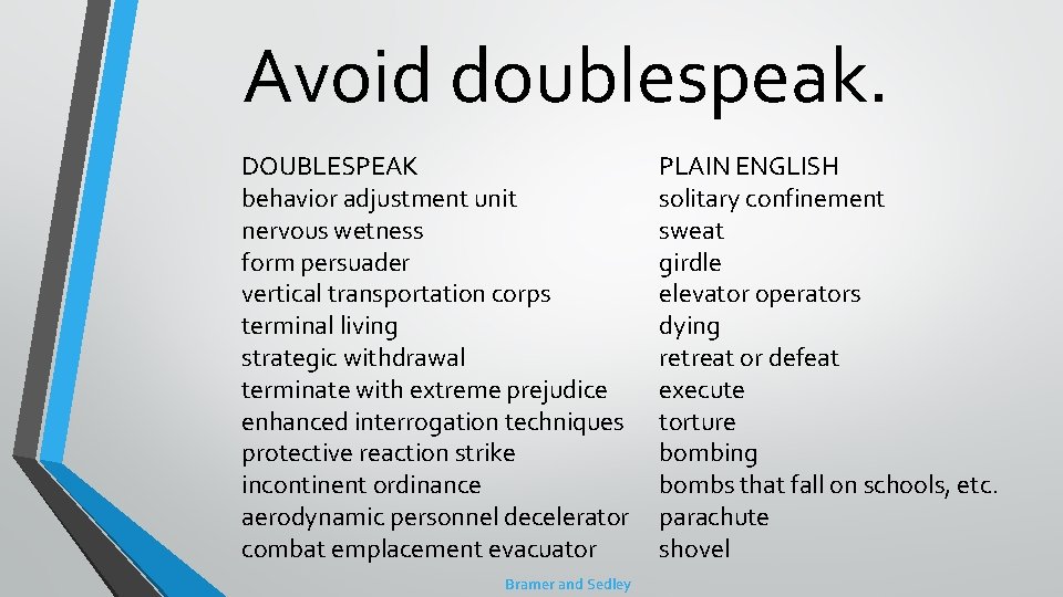 Avoid doublespeak. DOUBLESPEAK behavior adjustment unit nervous wetness form persuader vertical transportation corps terminal