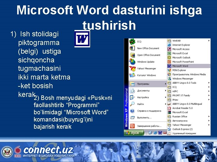 Microsoft Word dasturini ishga tushirish 1) Ish stolidagi piktogramma (belgi) ustiga sichqoncha tugmachasini ikki