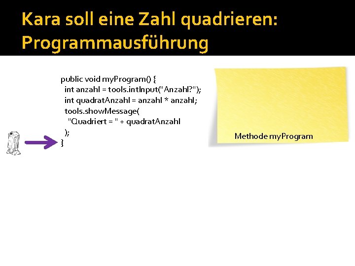 Kara soll eine Zahl quadrieren: Programmausführung public void my. Program() { int anzahl =