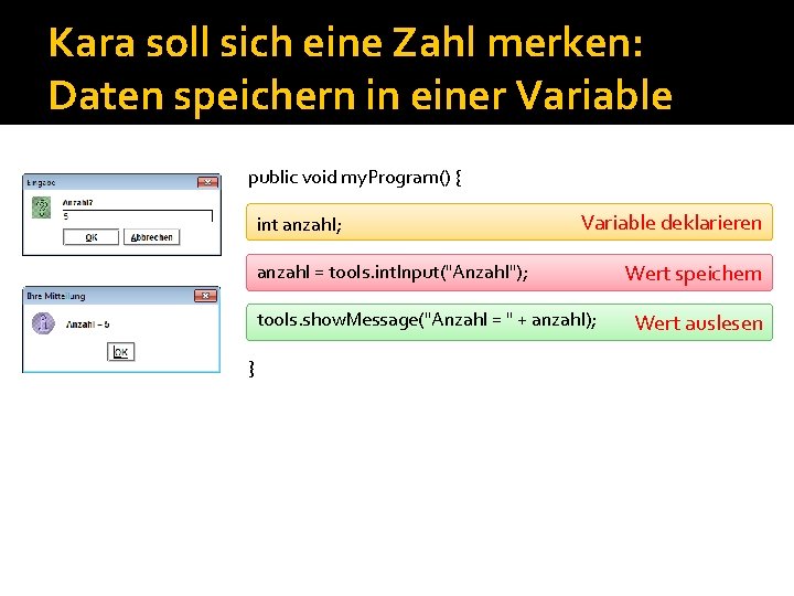 Kara soll sich eine Zahl merken: Daten speichern in einer Variable public void my.