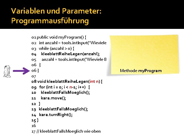 Variablen und Parameter: Programmausführung 01 public void my. Program() { 02 int anzahl =