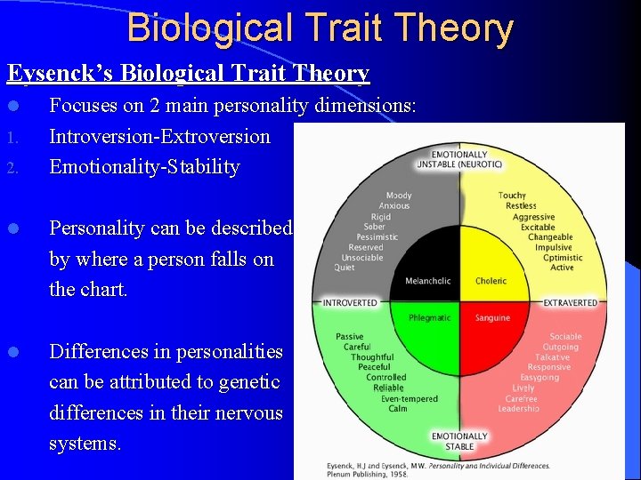 Biological Trait Theory Eysenck’s Biological Trait Theory l 1. 2. Focuses on 2 main