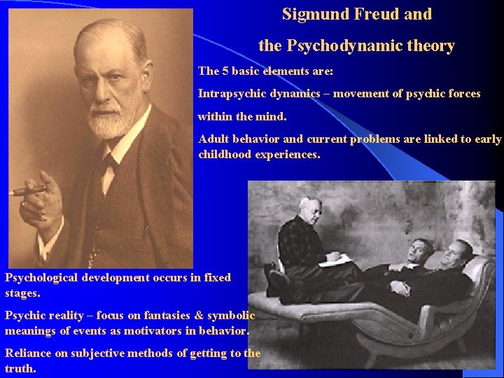 Sigmund Freud and the Psychodynamic theory The 5 basic elements are: Intrapsychic dynamics –